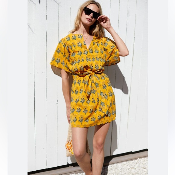 Emerson Fry Basalie Dress Floral India Collection Yellow Marigold Mini Cotton M - Picture 2 of 11